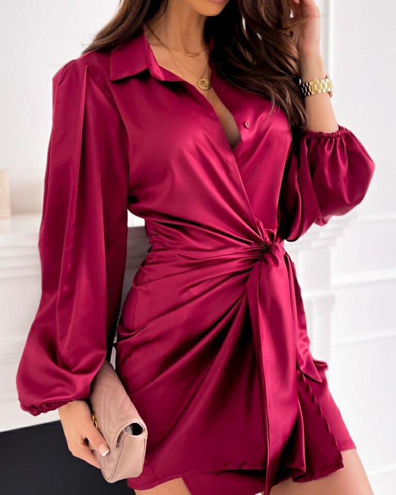 

Satin Lantern Sleeve Button Front Tied Detail Shirt Dress, Wine red