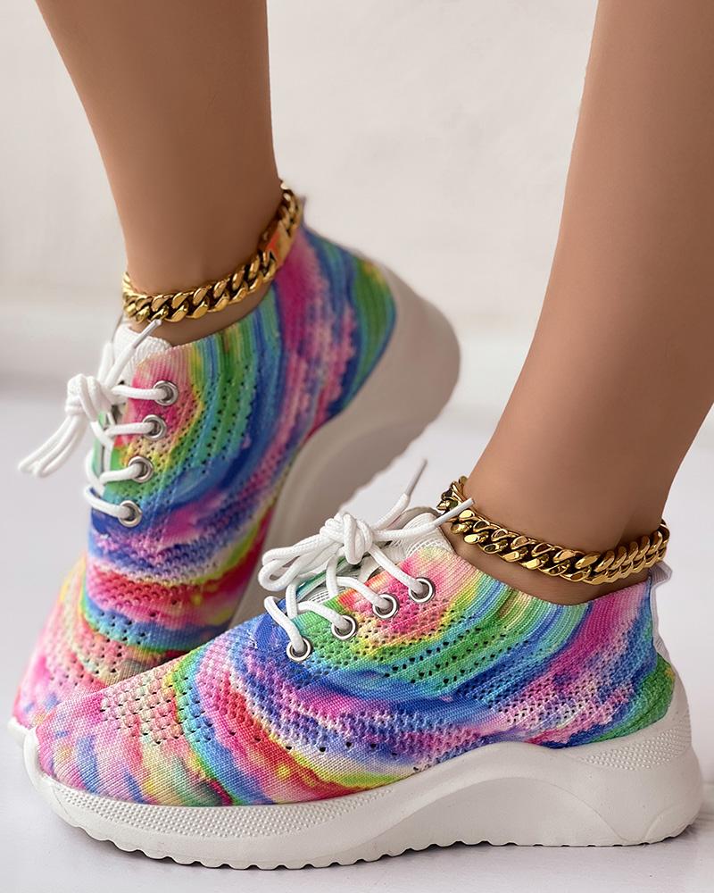 

Rainbow Tie Dye Print Lace-up Slip-On Breathable Sneakers, Multicolor