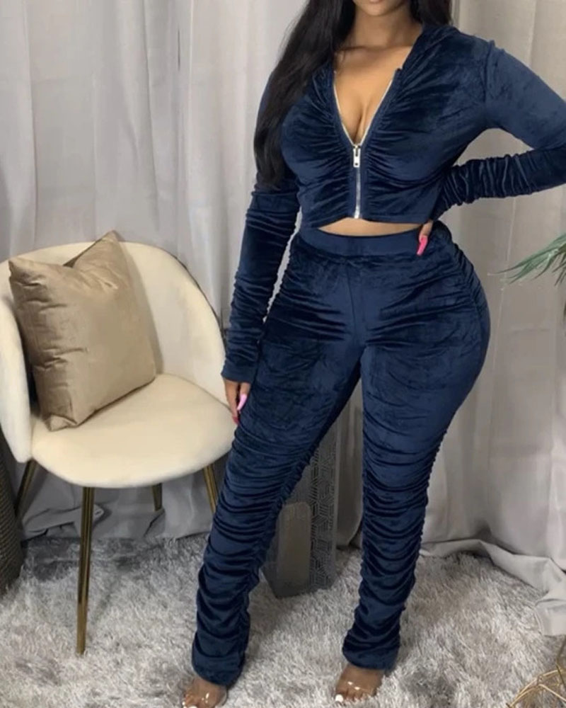 

Ruched Long Sleeve Zip Up Hooded Top & Pants Set, Dark blue