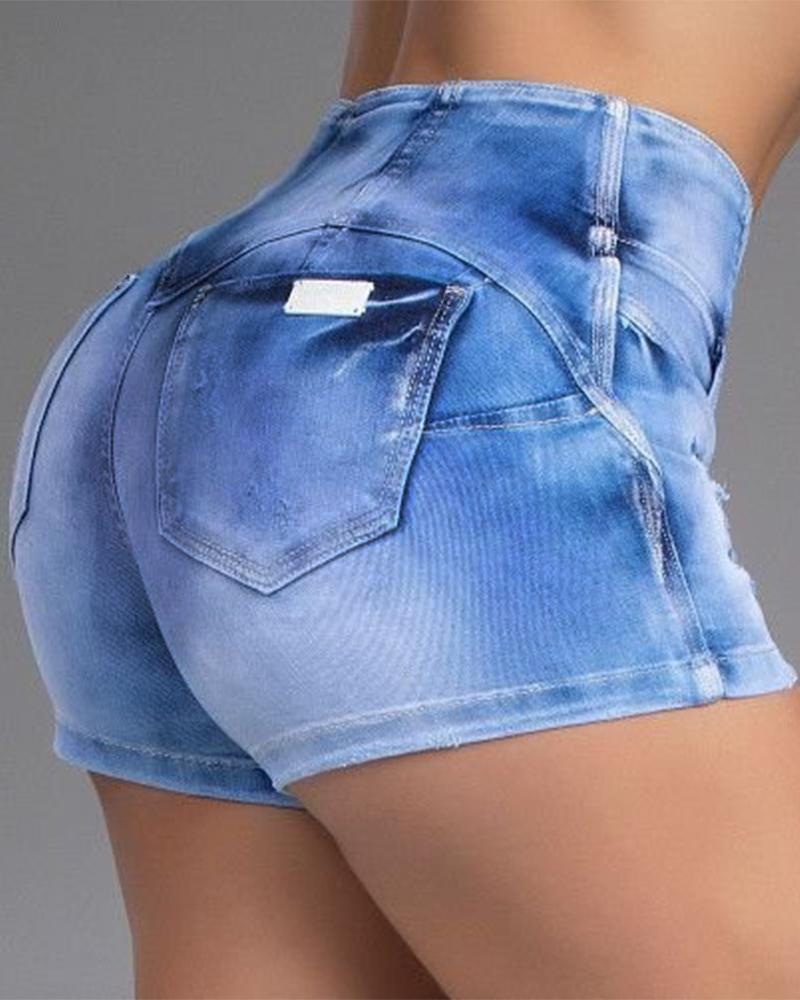 

Distressed High Waist Denim Shorts, Light blue