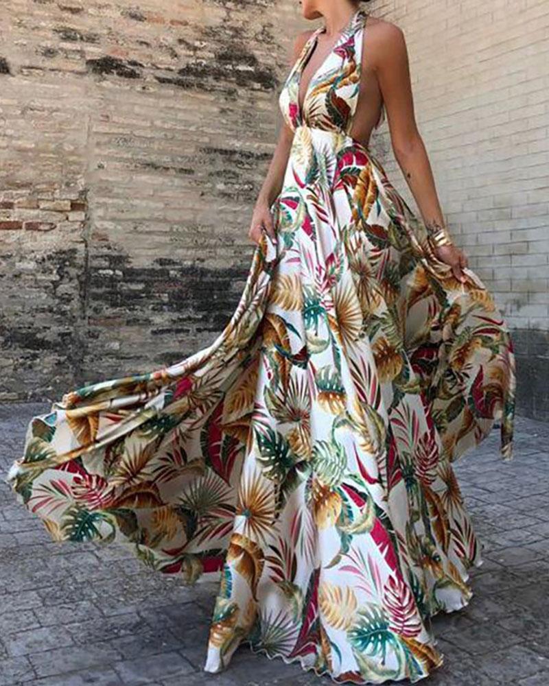 

Halter Backless Tropical Print Maxi Dress, Yellow