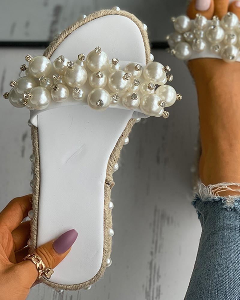 

Studded Decor Faux Pearl Slippers, White