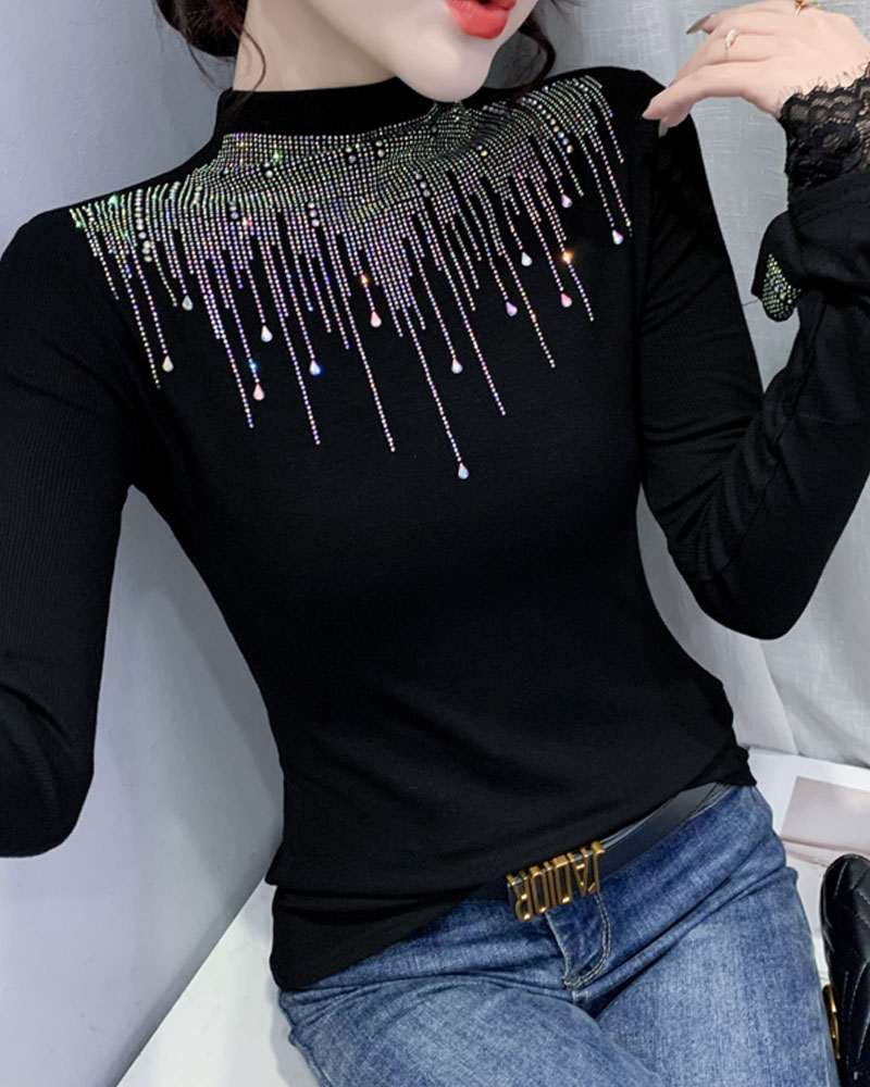 

Rhinestone Decor Lace Trim Long Sleeve Top, Black