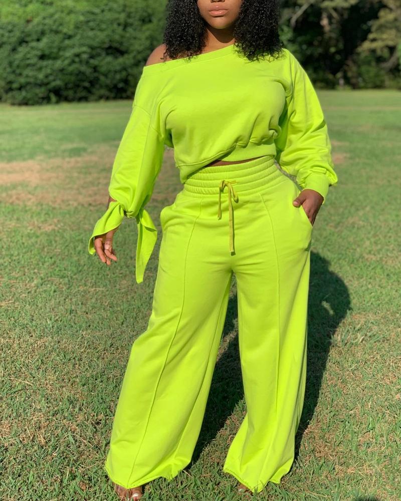 

Lace-Up Back Long Sleeve Top & Drawstring Wide Leg Pants Set, Green