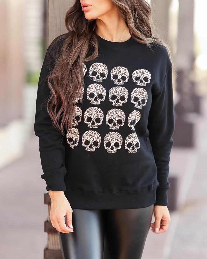 

Halloween Leopard Skull Print Long Sleeve Sweatshirt, Black