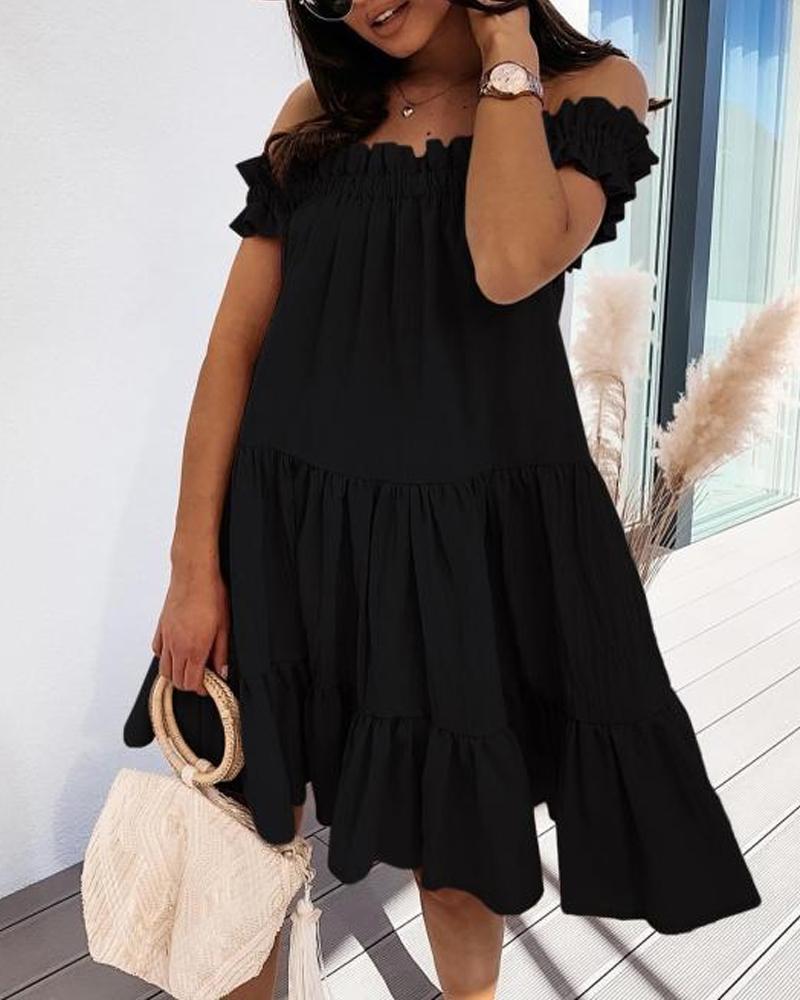 

Off Shoulder Frill Hem Flowy Swing Dress, Black