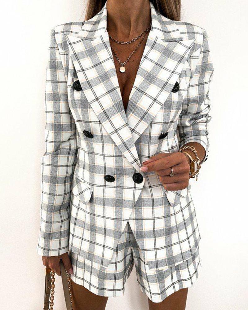 

Plaid Print Flap Detail Double Breasted Blazer Coat, Gray