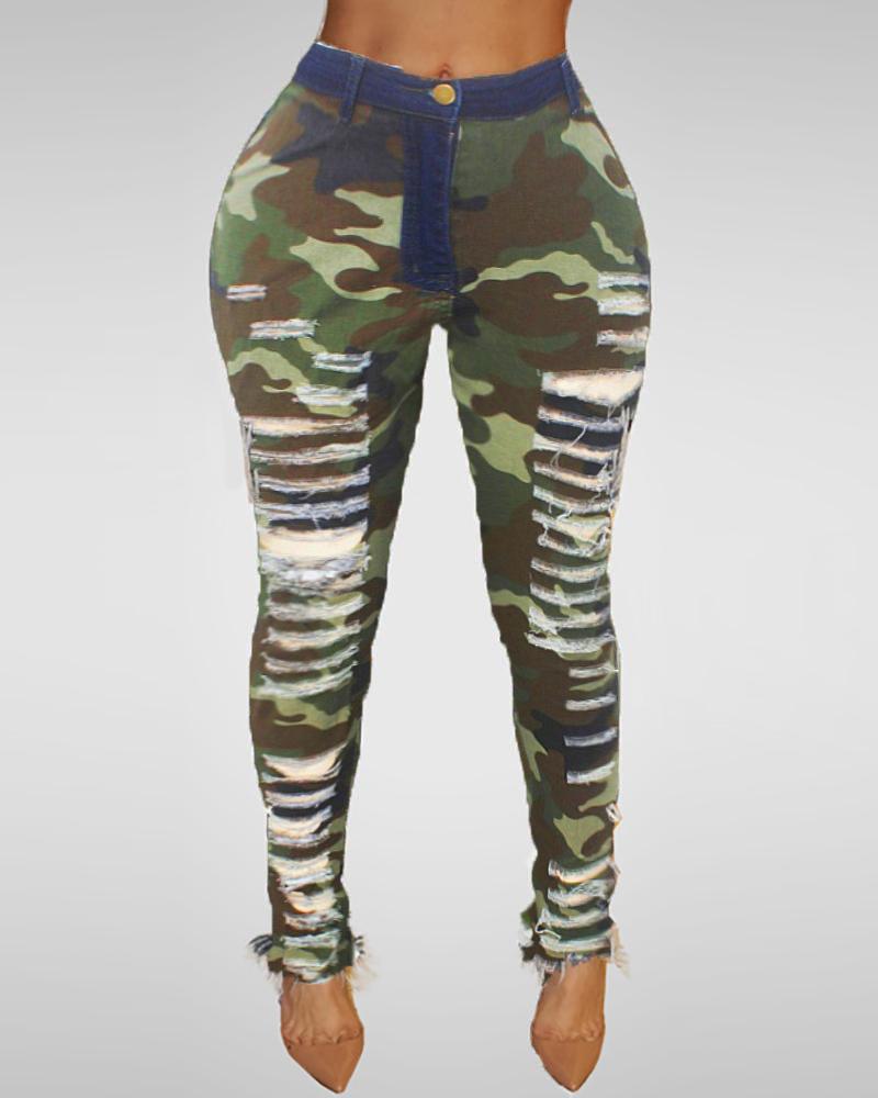 

High Waist Camouflage Ladder Cut Out Frayed Pants, Army green