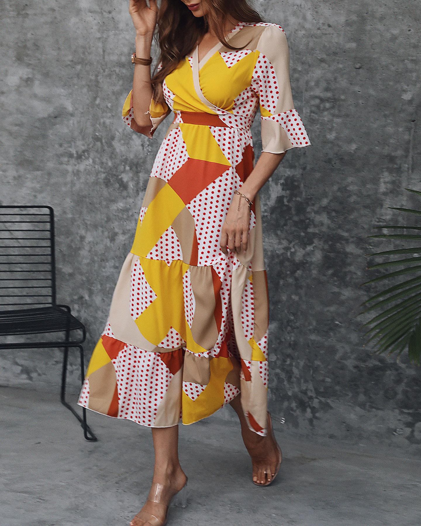 

Polka Dot Print Colorblock Half Sleeve Casual Dress, Multicolor
