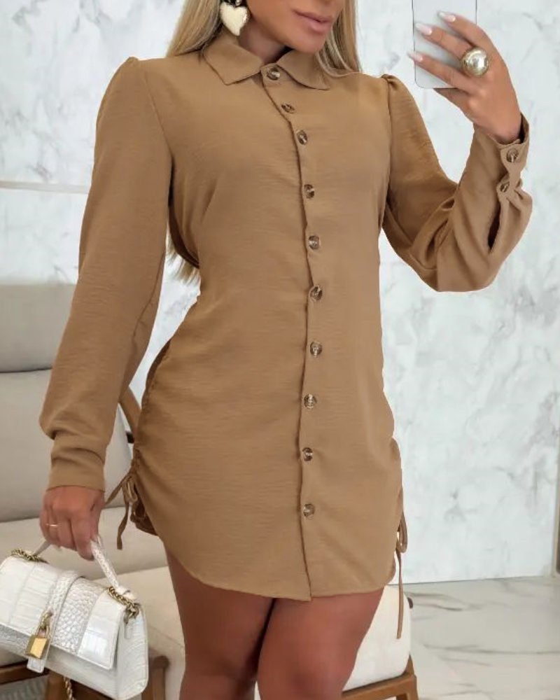 

Button Down Shirt Dress Roll Tab Sleeve Side Drawstring Mini Dresses, Brown