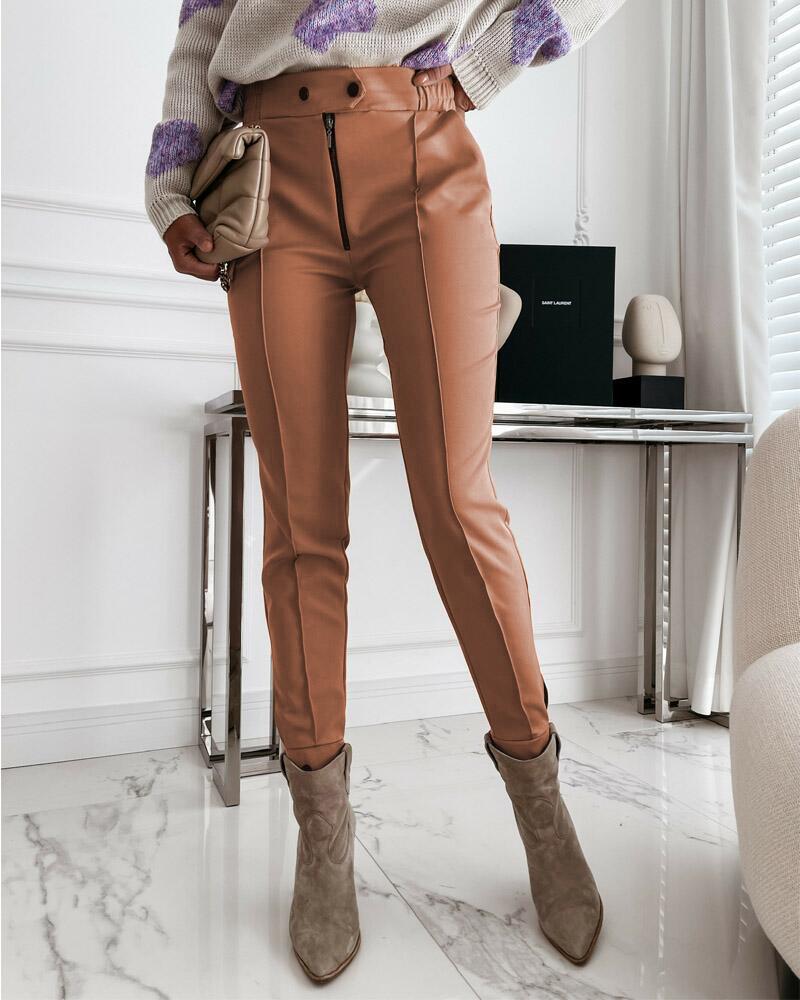 

Zipper Fly Buttoned Skinny Pants, Khaki