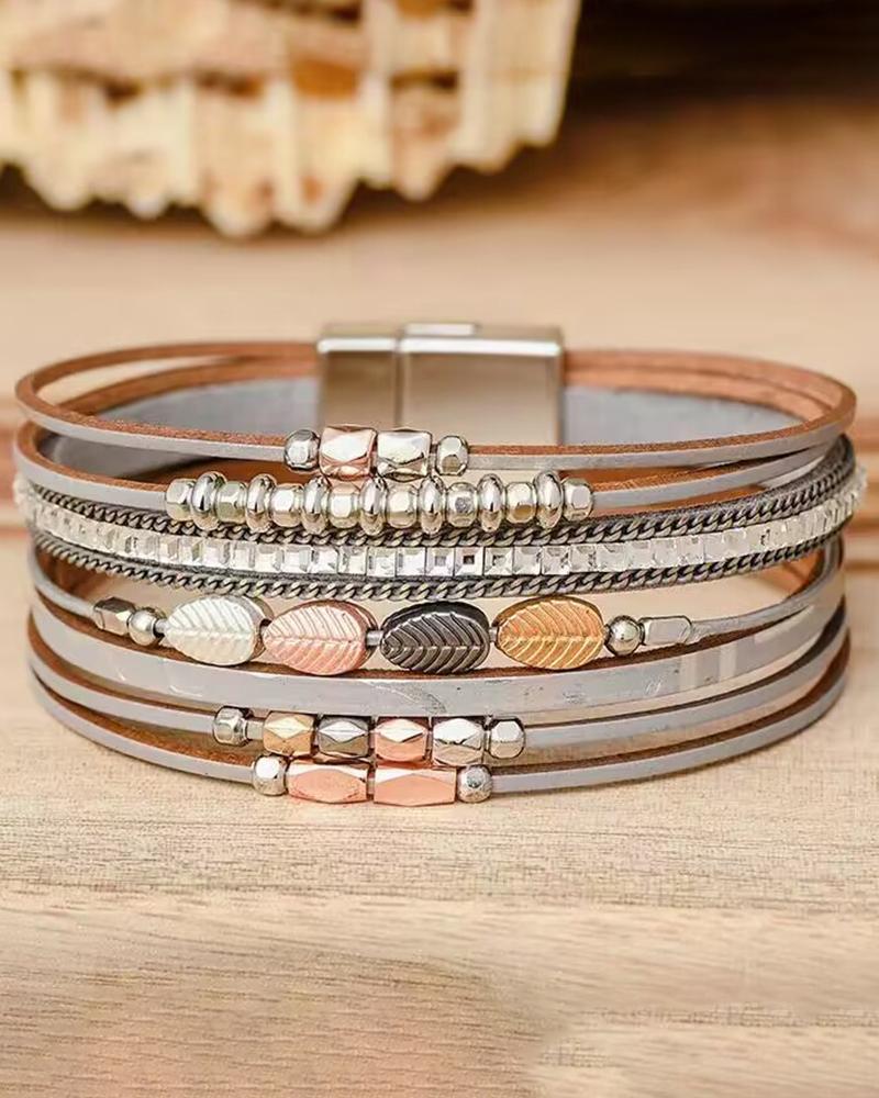 

1pc Tribal Beaded Multi-layer Magnet Wide Bracelet, Gray