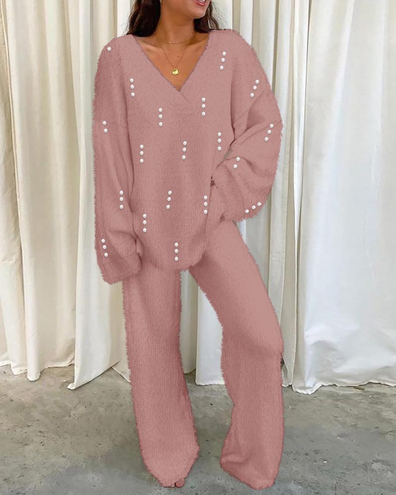 

V-Neck Beaded Fuzzy Top & Pants Set, Pink