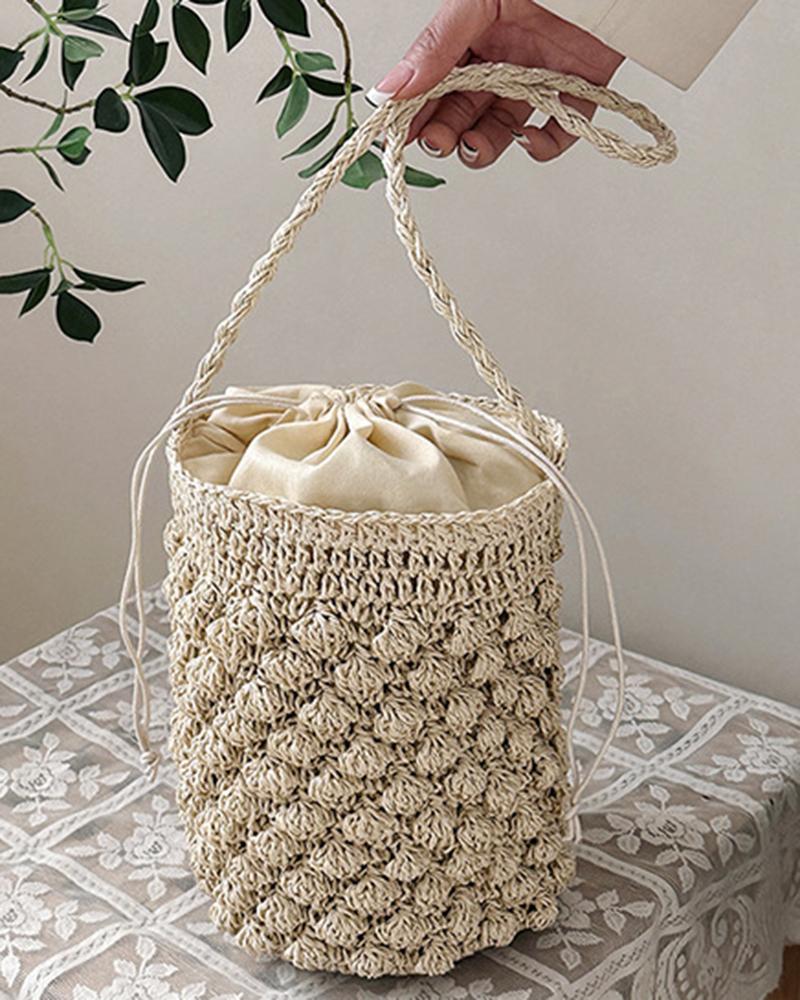 

Drawstring Braided Bucket Straw Bag, Beige