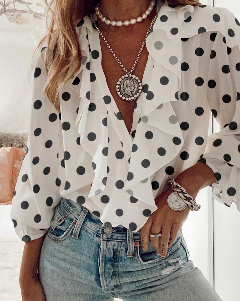 

Polkadot Print Ruffles Long Sleeve Top, White