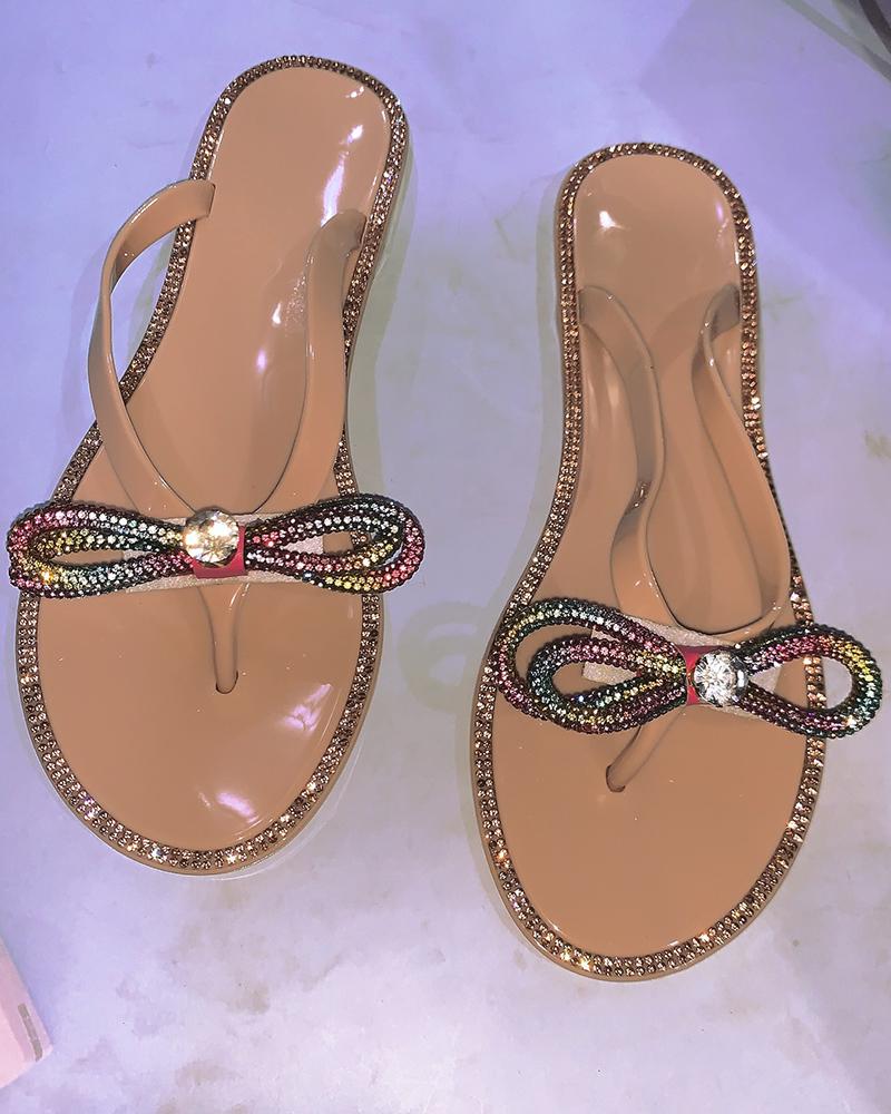 

Bowknot Pattern Rhinestone Flip Flops, Khaki