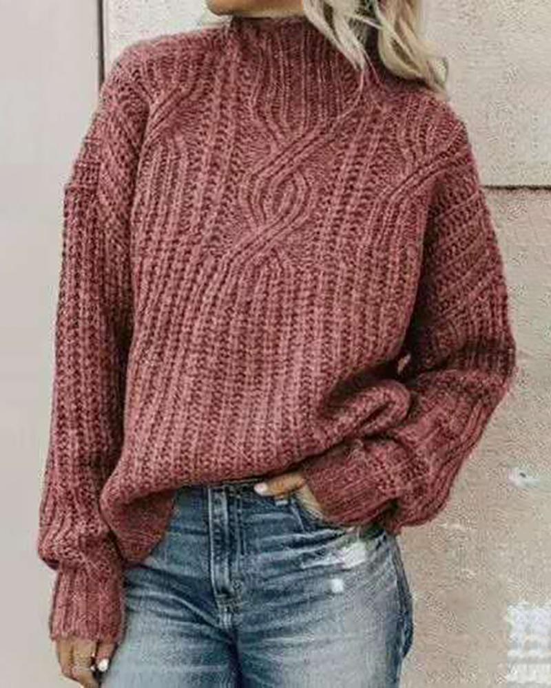 

Lantern Sleeve High Neck Braided Sweater, Dark red