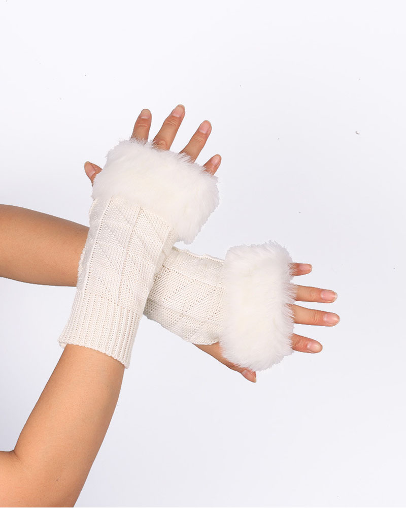 

Christmas Fuzzy Trim Knit Fingerless Gloves, White