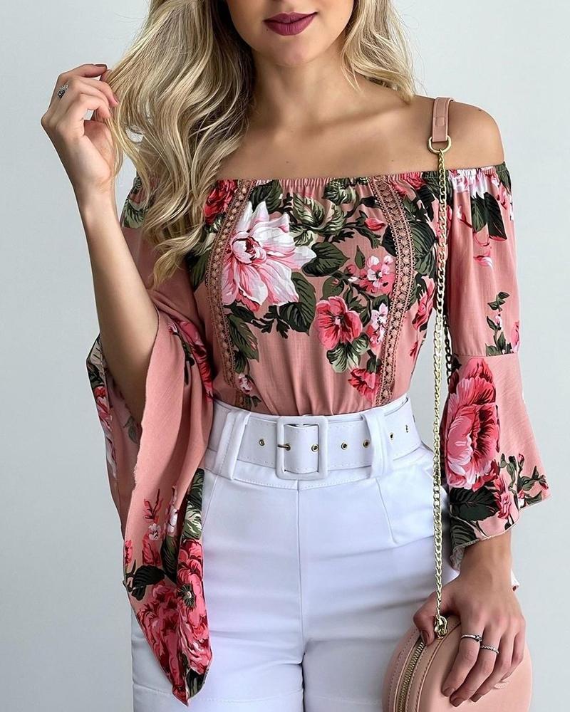 

Floral Print Bell Sleeve Off Shoulder Top, Pink