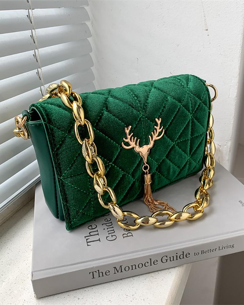 

Elk Tassel Design Velvet Chain Shoulder Bag, Green
