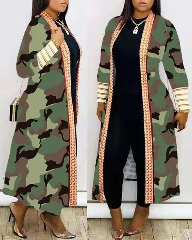 

Plus Size Camouflage Print Open Front Longline Coat, Green