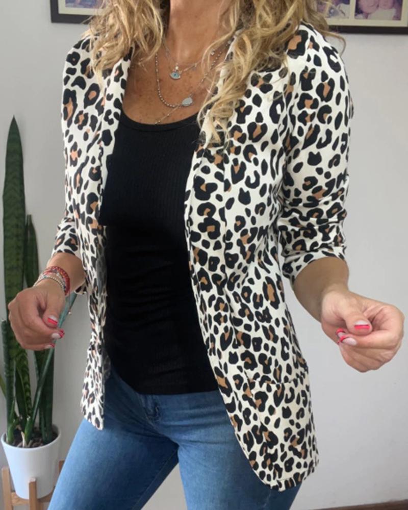 

Leopard Print Shawl Collar Blazer Coat, White