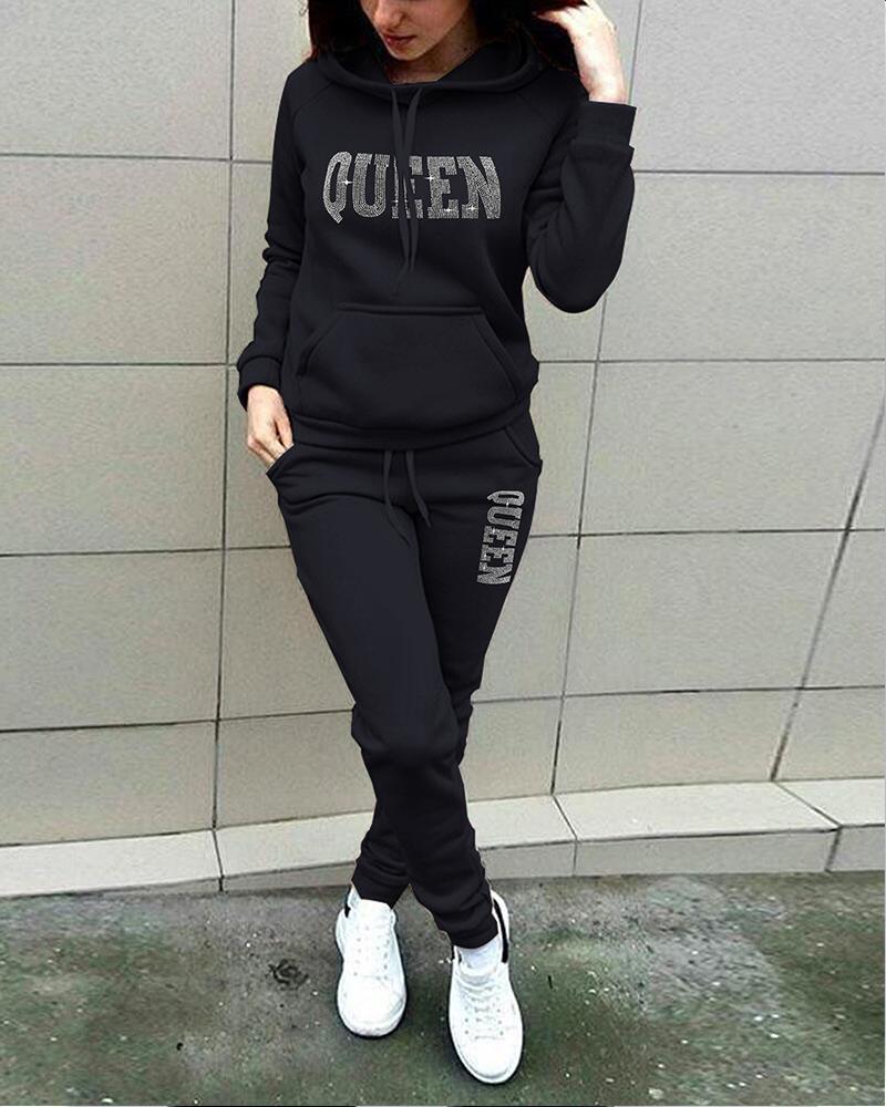 

Rhinestone Letter Pattern Hoodie & Sweatpants Set, Black