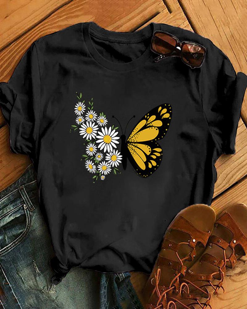 

Butterfly & Daisy Short Sleeve Loose T-shirts, Black