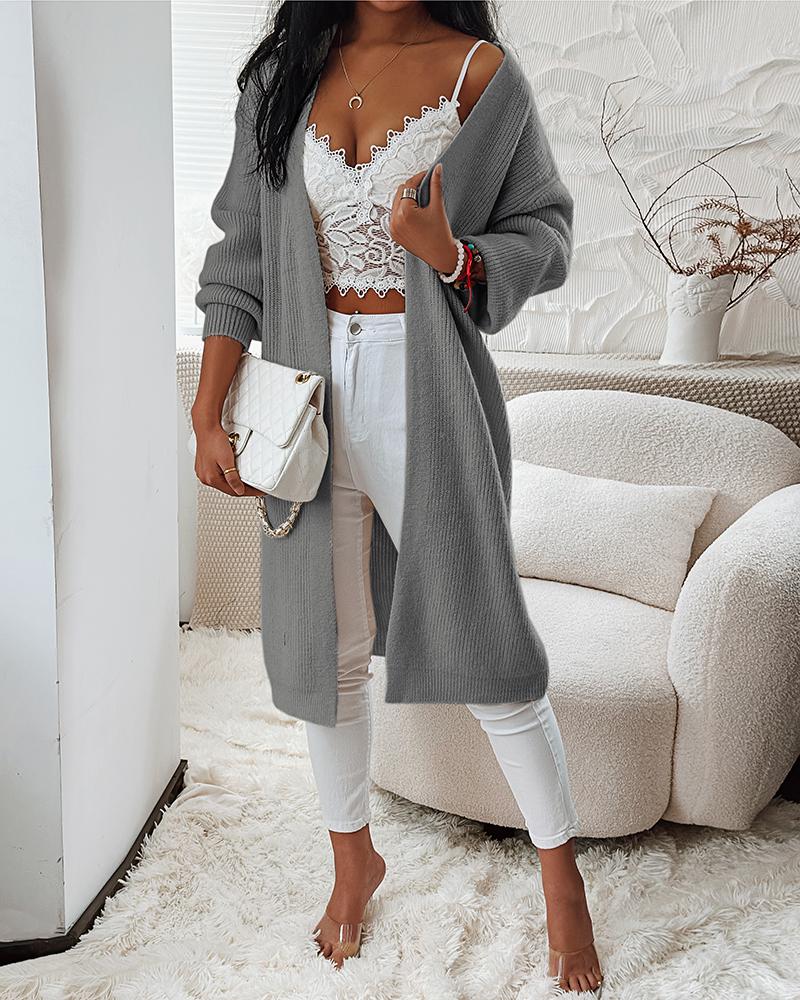 

Open Front Longline Knit Cardigan, Gray