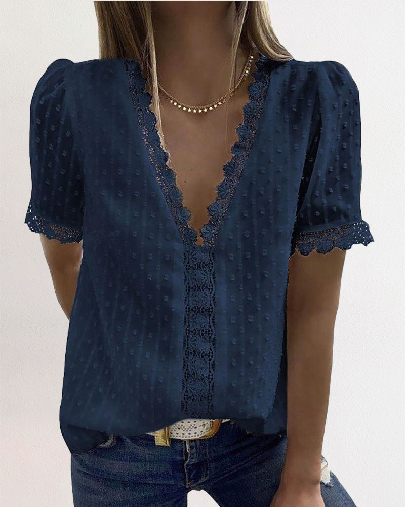 

Contrast Lace Swiss Dot Puff Sleeve Chiffon Top, Purplish blue