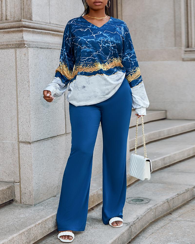 

Plus Size Marble Print Top & High Waist Pants Set, Blue