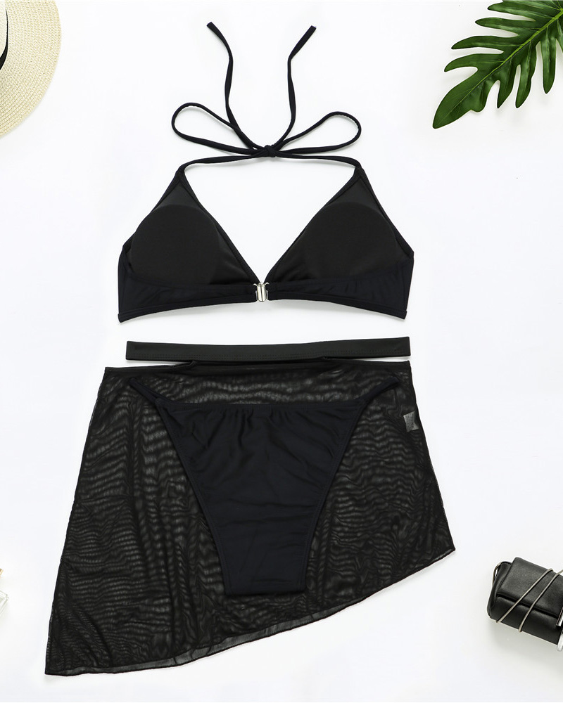 

Halter Bikini Set With Cutout Cover Up Skirt, Black