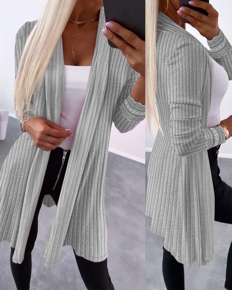 

Open Front Contrast Lace Ribbed Longline Coat, Gray