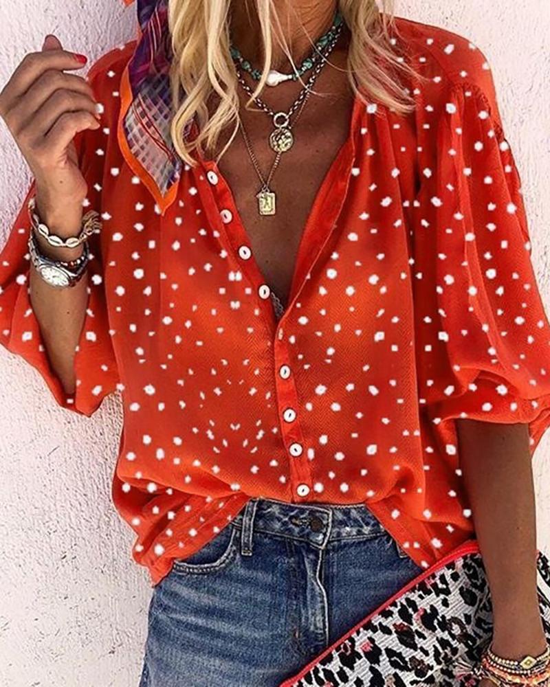 

Button Design All Over Print Lantern Sleeve Top, Red