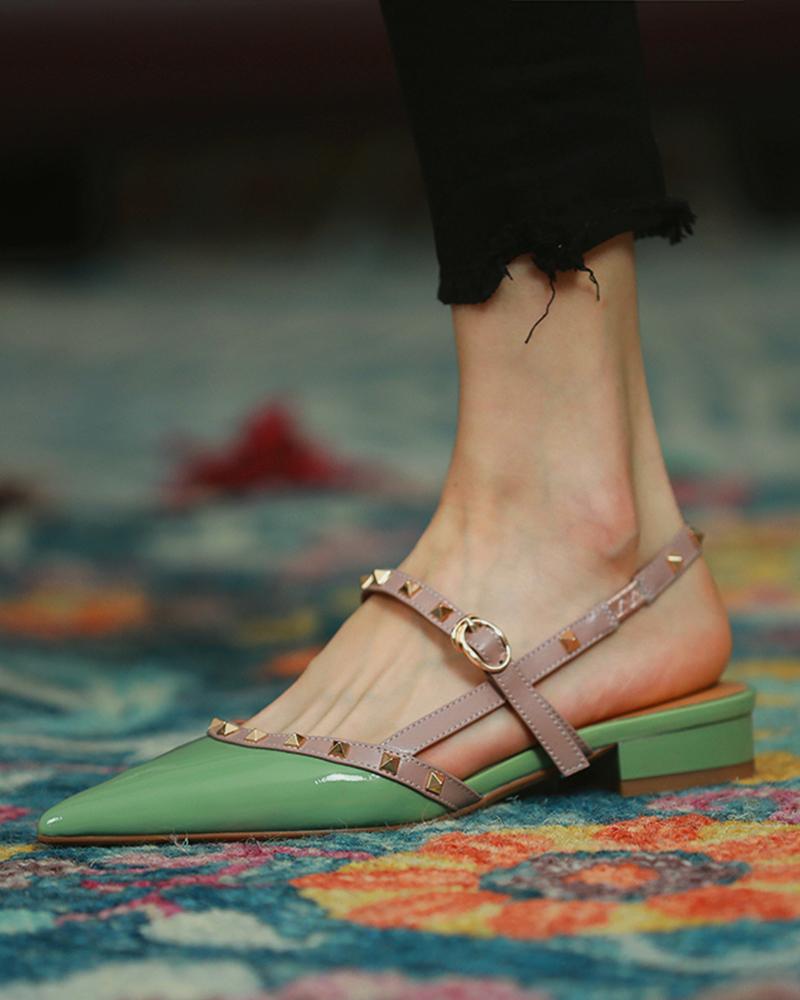 

Pointed-toe Solid Color Splicing Studded Buckle Flat Sandals, Green
