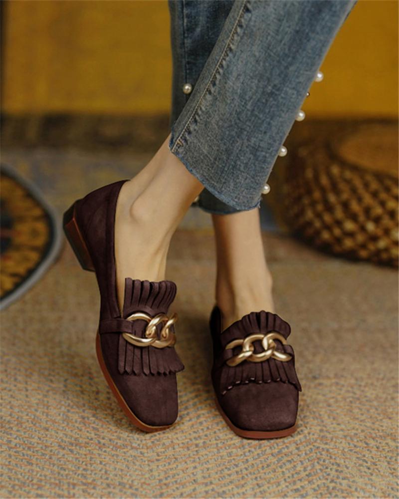 

Suede Chain Decor Tassel Design Loafers, Dark brown