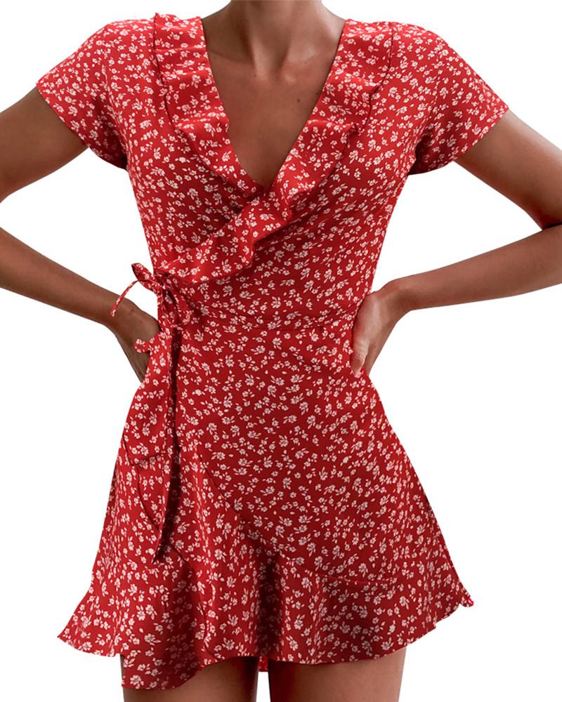 

Ditsy Floral Printing Short Sleeve A-line Dress, Red
