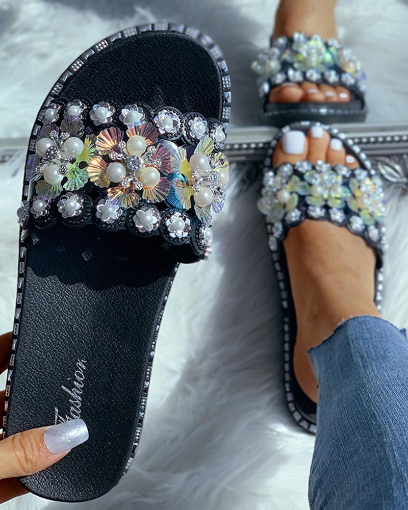 

Beaded Flower Pattern Flat Sandals, Black