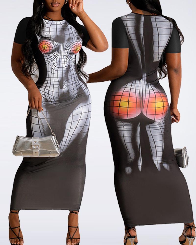 

Abstract Print Short Sleeve Maxi Dress, Black