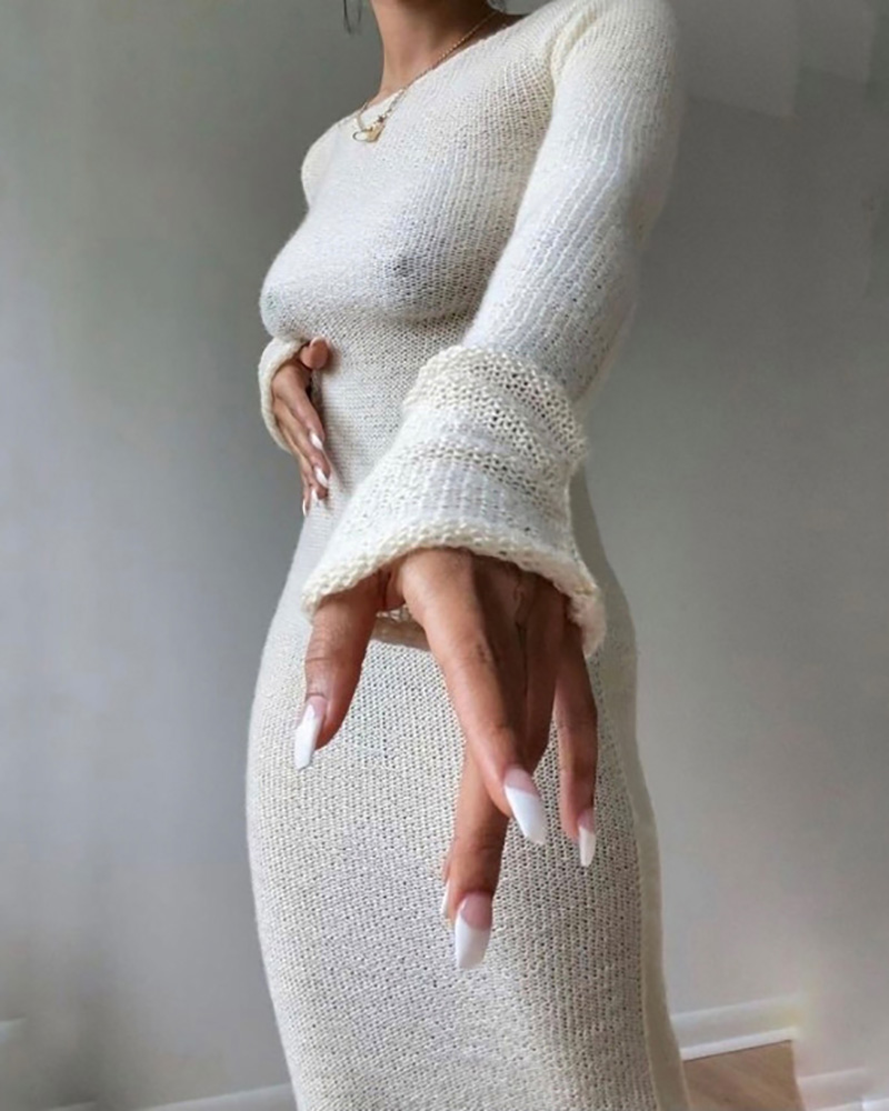 

Long Sleeve O Neck Skinny Sweater Maxi Dress, White