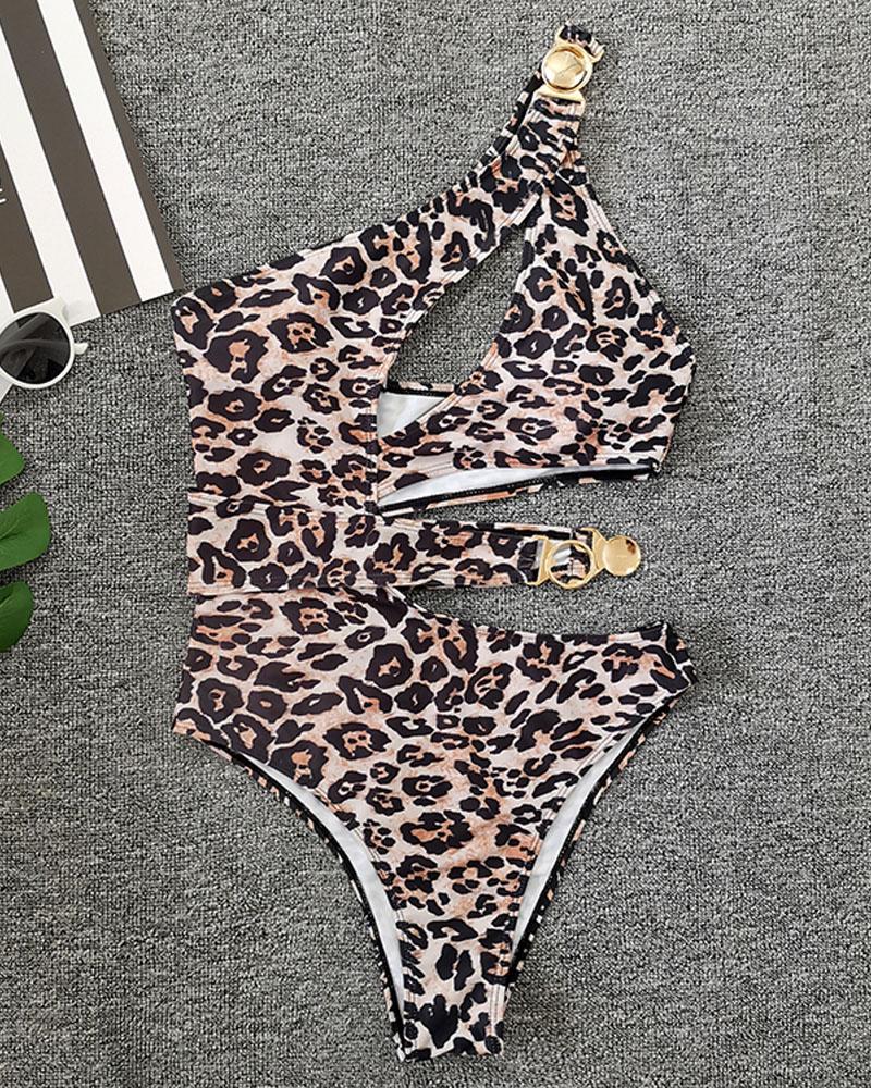 

Leopard Print One Shoulder Cutout Buckle One-Piece Swimsuit