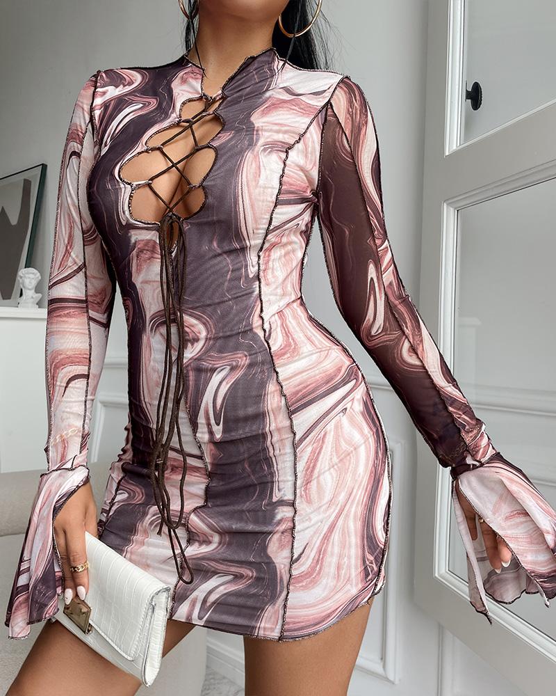 

Abstract Marble Print Lace-up Bell Sleeve Dress, Snakeskin
