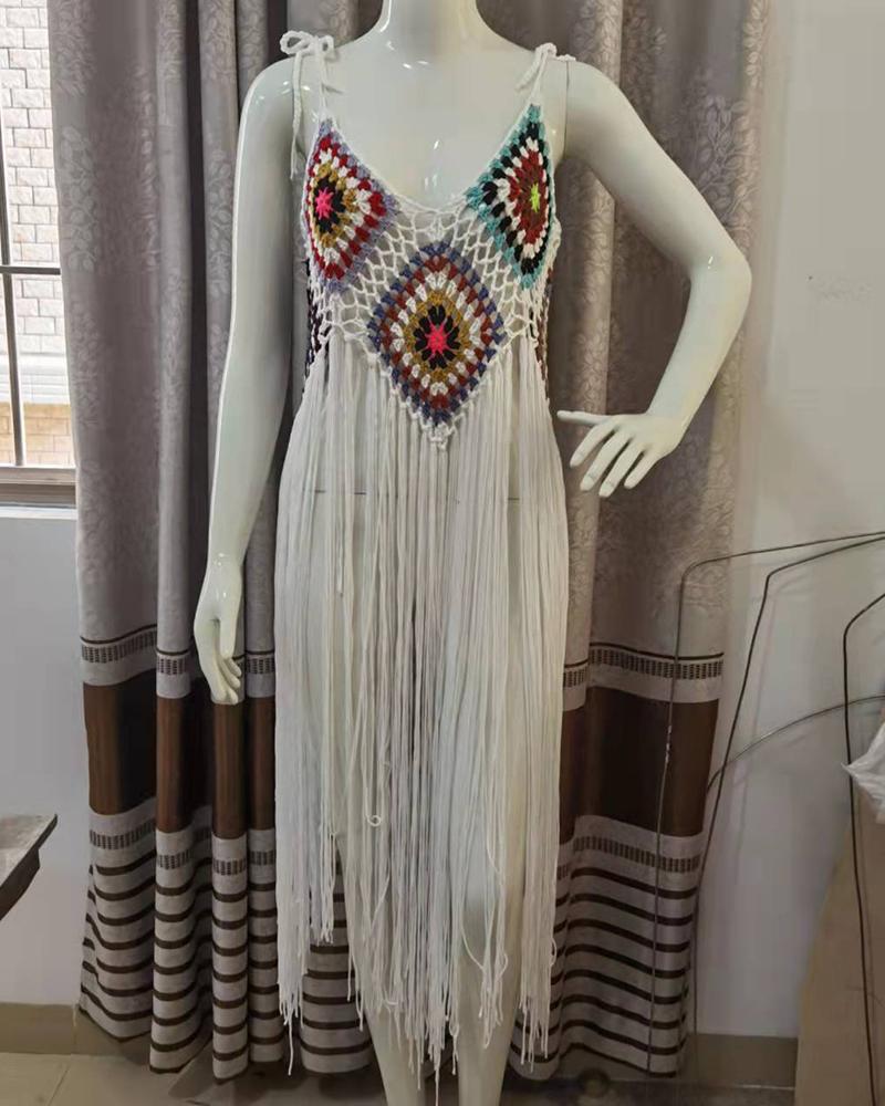 

Tassel Design Geometric Pattern Cover Up Random Crochet Dress, White