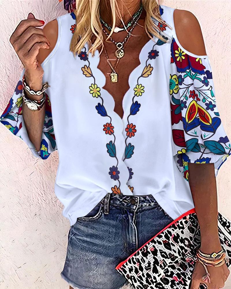 

Tribal Floral Print Scallop Trim Cold Shoulder Top, White