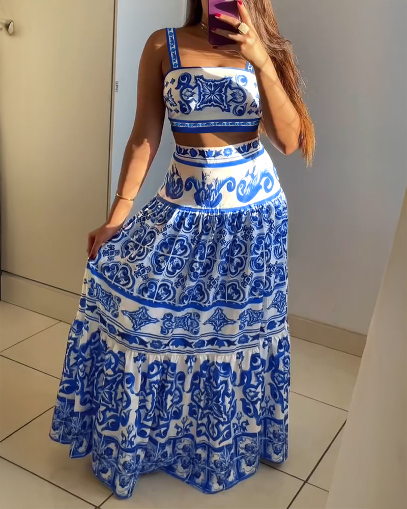 

2 Pieces Outfit Tribal Print Square Neck Crop Top and Casual Ruched Skirt Set, Blue