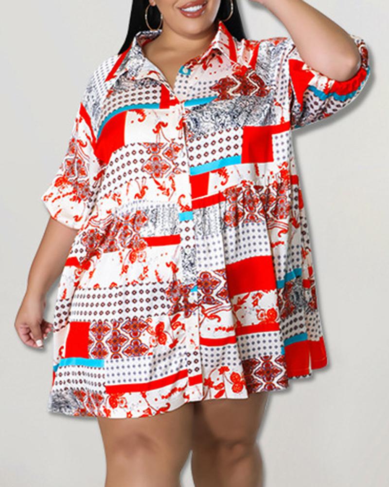 

Plus Size Scarf Print Button Down Shirt Dress, Red