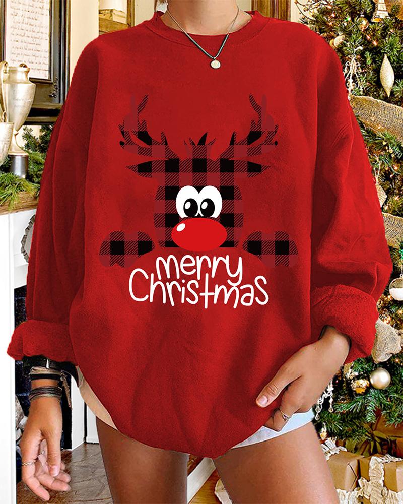 

Christmas Plaid Letter Deer Print Long Sleeve Sweatshirt, Red
