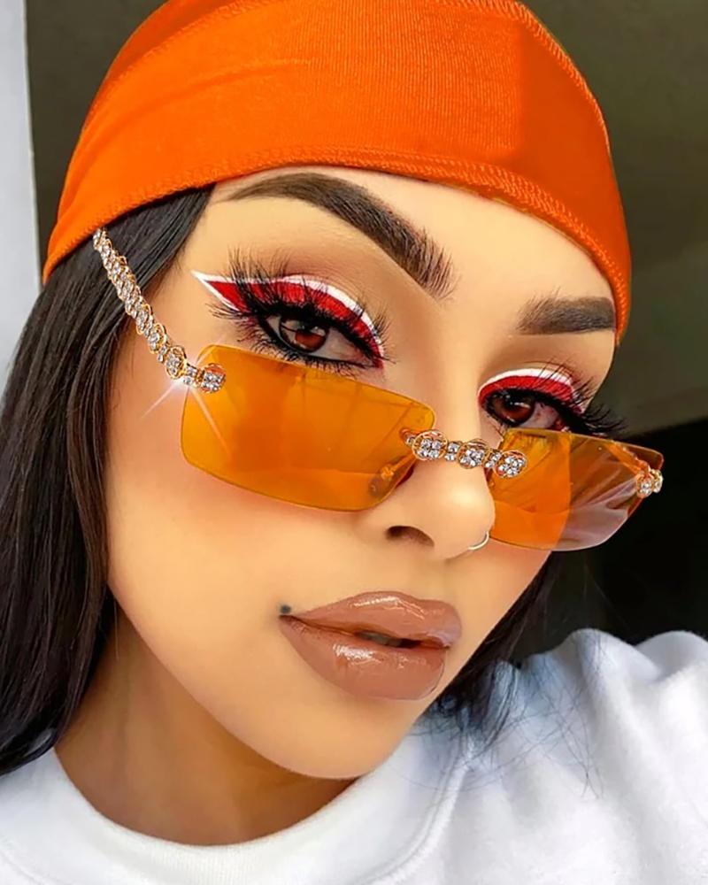 

1Pair Rimless Rhinestone Rectangle Tinted Lens Sunglasses, Orange