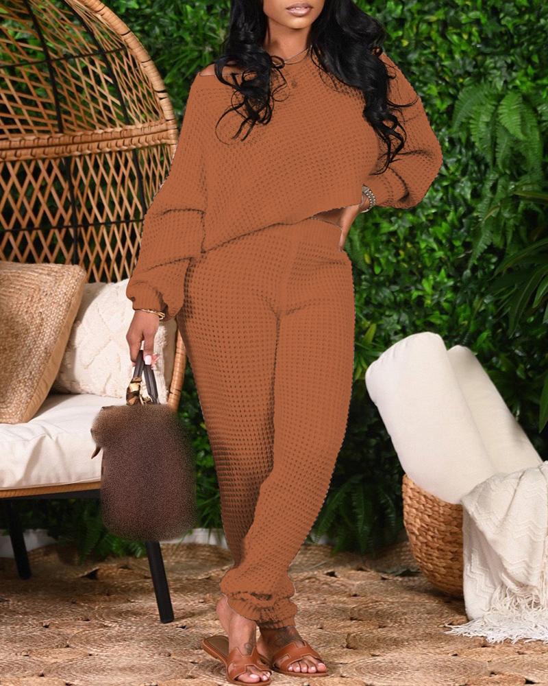 

Long Sleeve Round Neck Sweater & High Waist Pants Set, Coffee