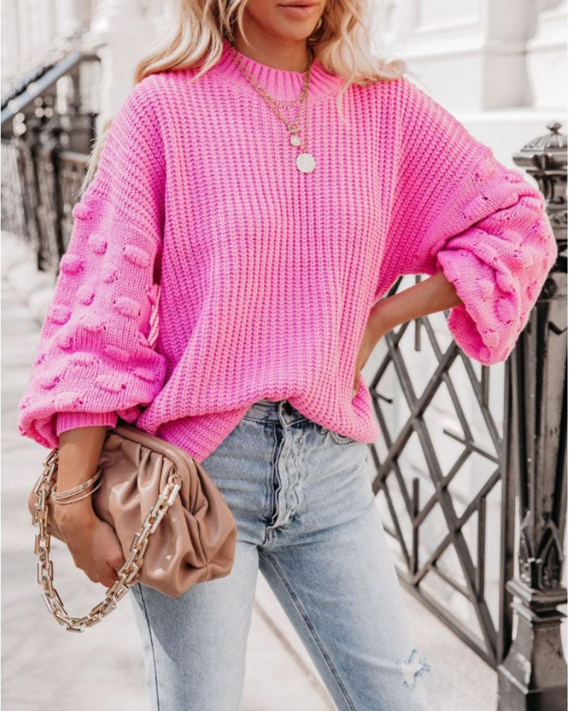 

Lantern Sleeve Chunky Knit Sweater, Pink